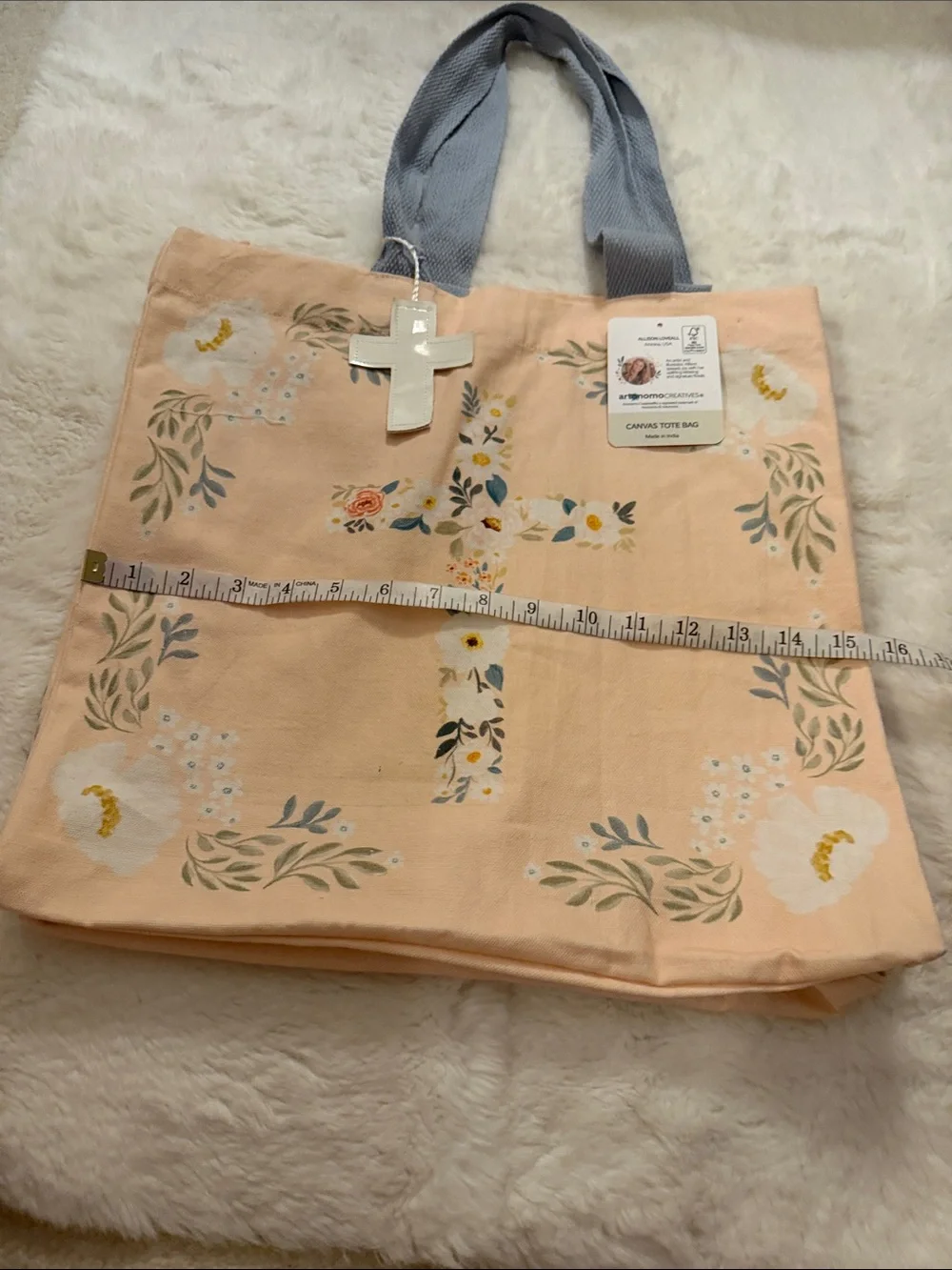 NWT, Peach Floral Cross Tote Bag with Blue Handles